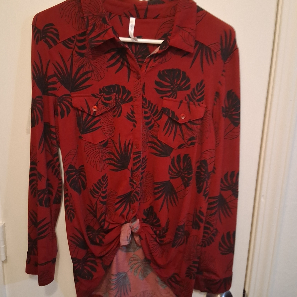 DNA Couture Red and Black Leaf Pattern Shirt